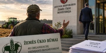 Simbolinis žemdirbio ir ministerijos atstovo nesusikalbėjimo dėl paramos ūkininkams vaizdas.