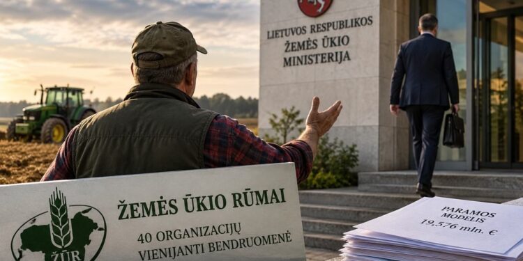 Simbolinis žemdirbio ir ministerijos atstovo nesusikalbėjimo dėl paramos ūkininkams vaizdas.