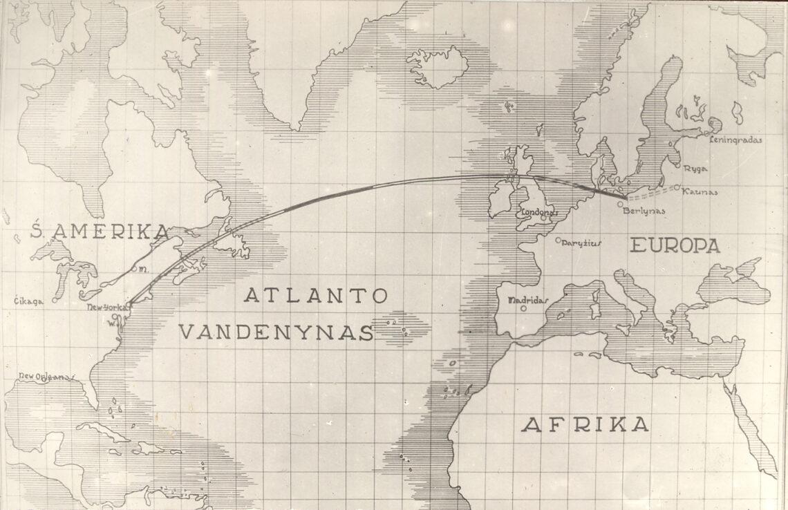 Lakūnų Stepono Dariaus ir Stasio Girėno skrydžio lėktuvu „Lituanica“ per Atlanto vandenyną schema. Kaunas, XX a. 4 deš. | Vytauto Didžiojo karo muziejaus nuotr.