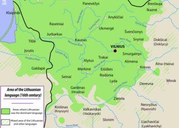 Lietuvių kalbos plotai 16 amžiuje | Z. Zinkevičius. Lietuvių tautos kilmė. 2005, p.230 nuotr.